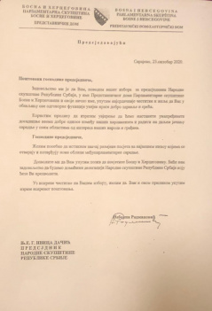 5 November 2020 The letter of the Chairman of the Presidency of Bosnia and Herzegovina Nebojsa Radmanovic congratulating Ivica Dacic on his election for National Assembly Speaker